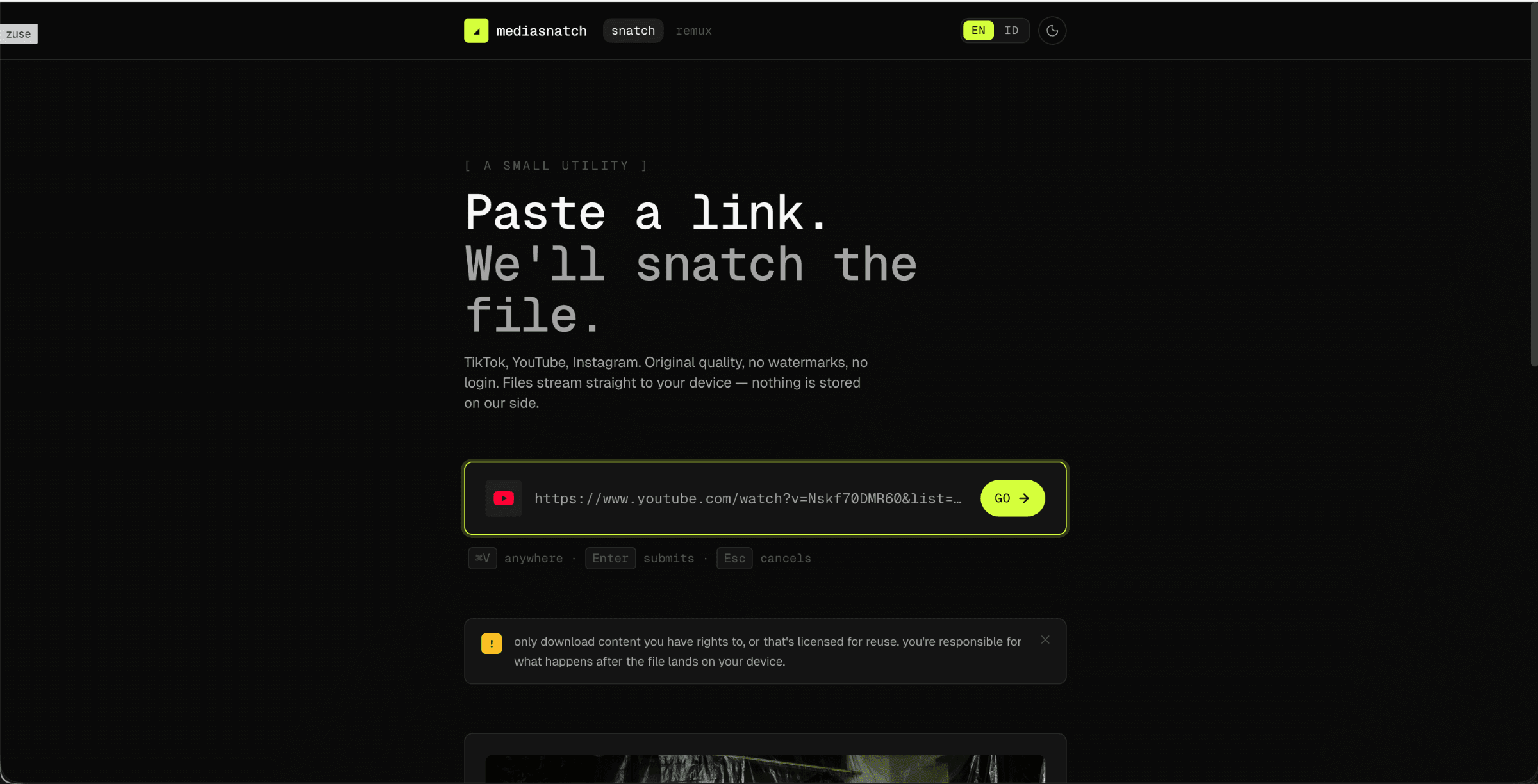 Single input, auto-paste detection, electric-lime accent on a near-black canvas.